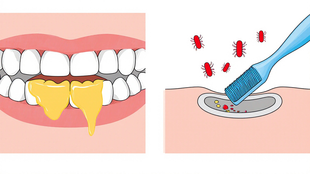 Srovnání nashromážděného plaku a jeho odstranění mezizubním kartáčkem.