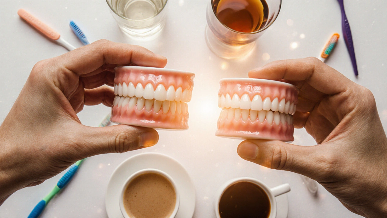 Staré a nové fazety vedle kávy, čaje a vína, symbolizující obnovu úsměvu.