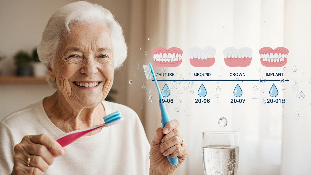 Starší člověk čistí zuby a drží sklenici vody, symbolizující péči o zuby.