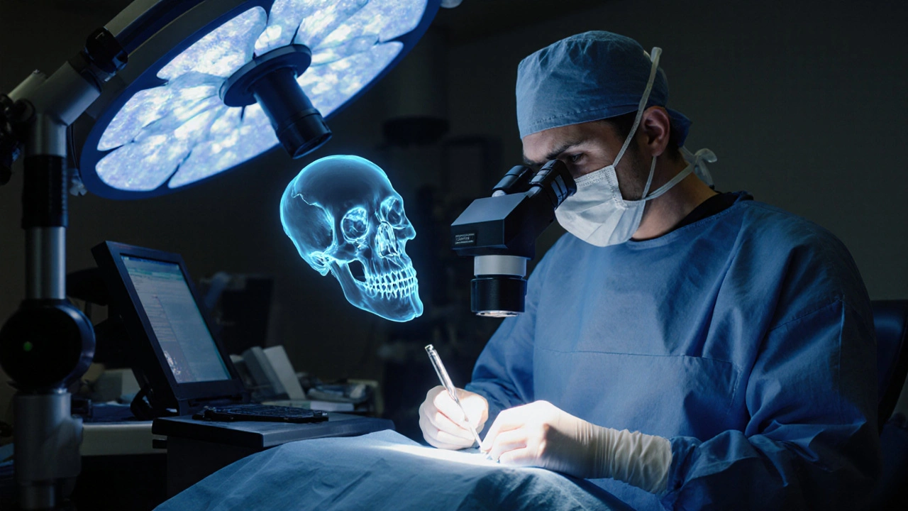 Surgeon performing jaw repositioning surgery with 3D imaging technology.