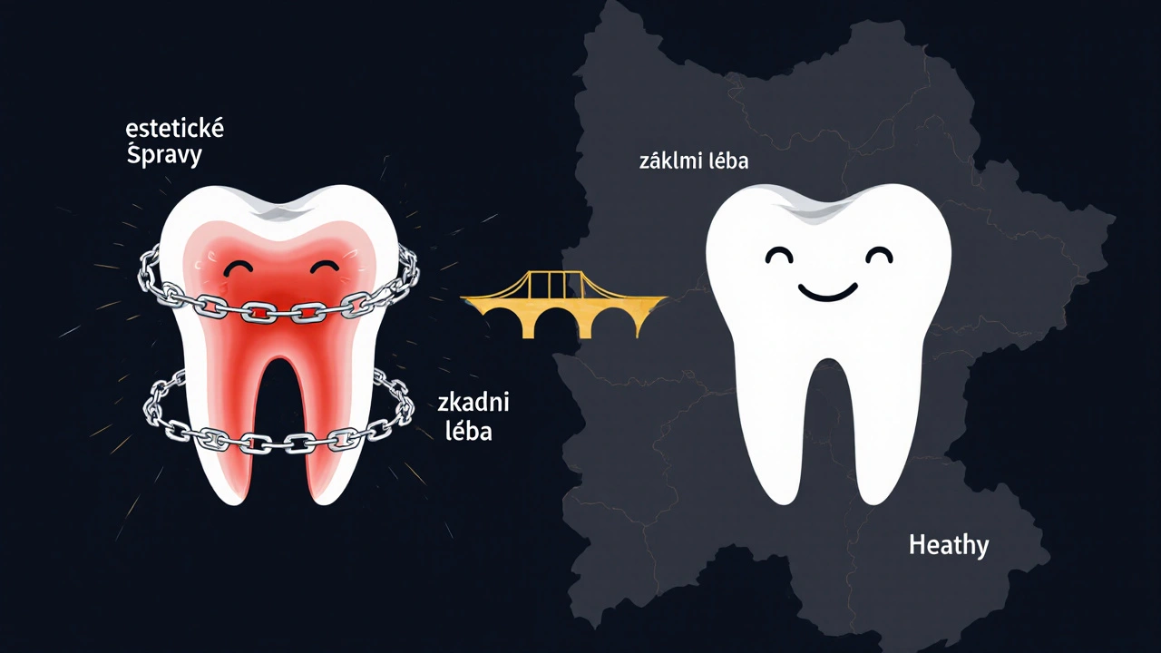 Symbolický obraz: bolestný zub v řetězech proti zdravému zubu na mostě základní péče.