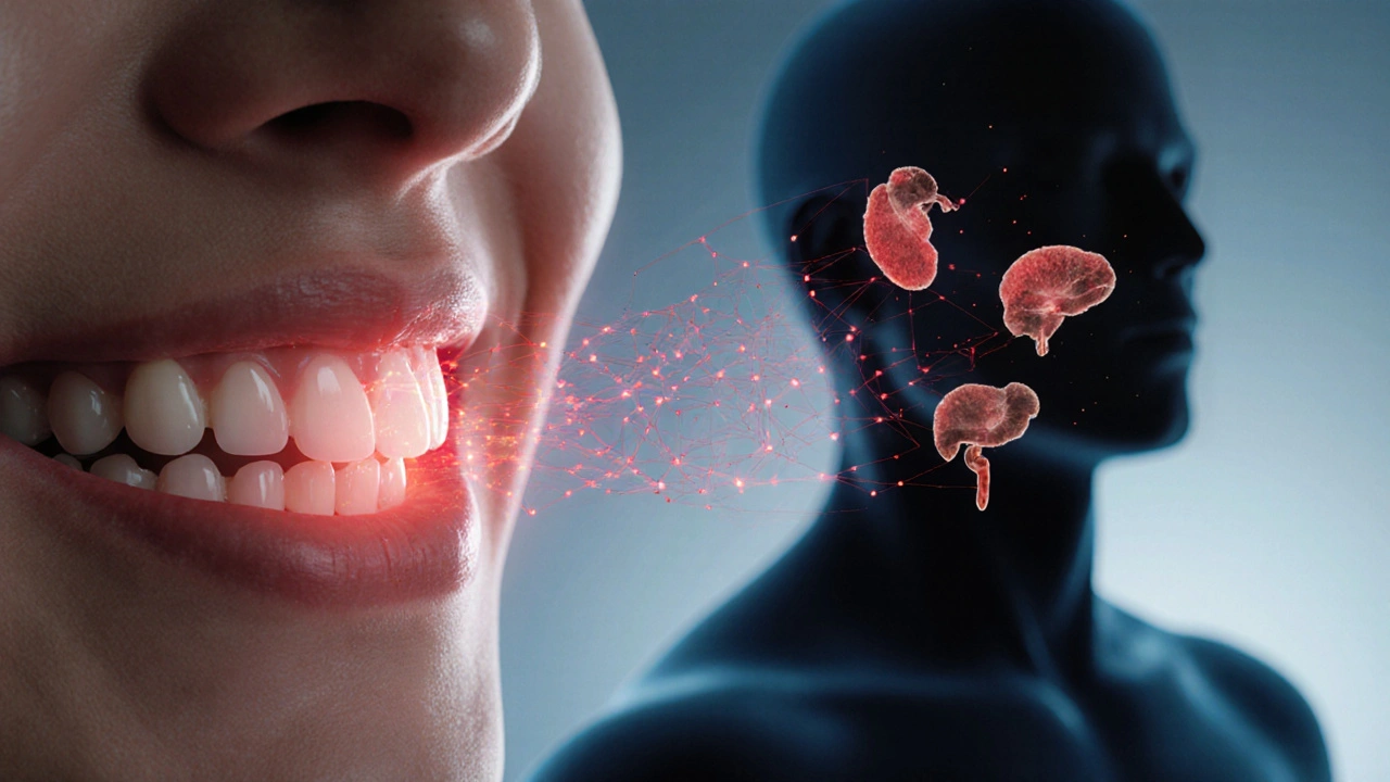 Symbolický obraz zánětu dásní ovlivňujícího celé tělo – spojení s srdcem a mozkem.
