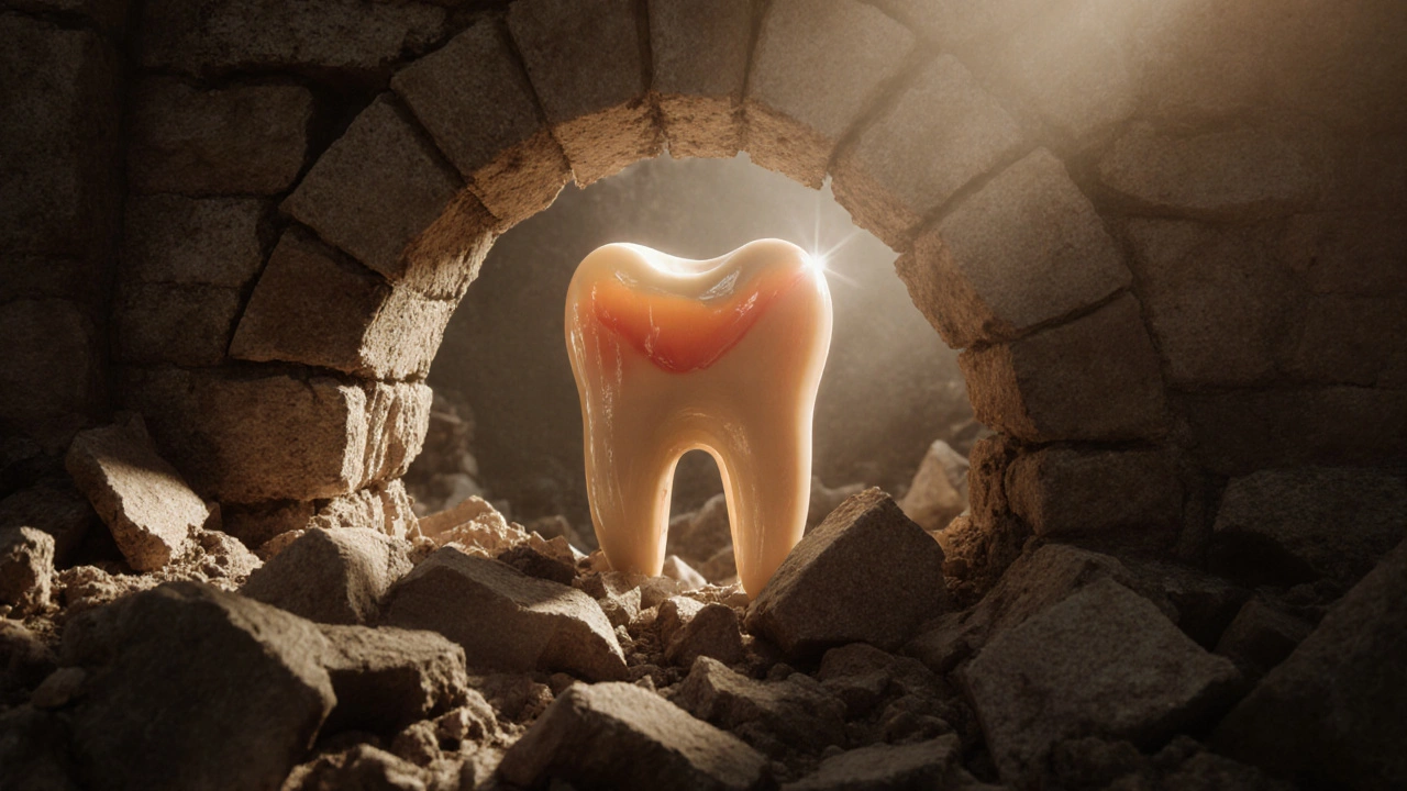 Symbolický obraz zubu jako klíčového kamene mostu, odolávajícího zničení.