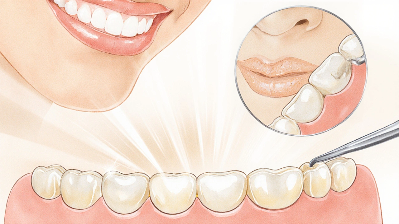 Tenké keramické fazety přilepené na zuby, s přirozeným odrazem světla, který imituje sklovinu.
