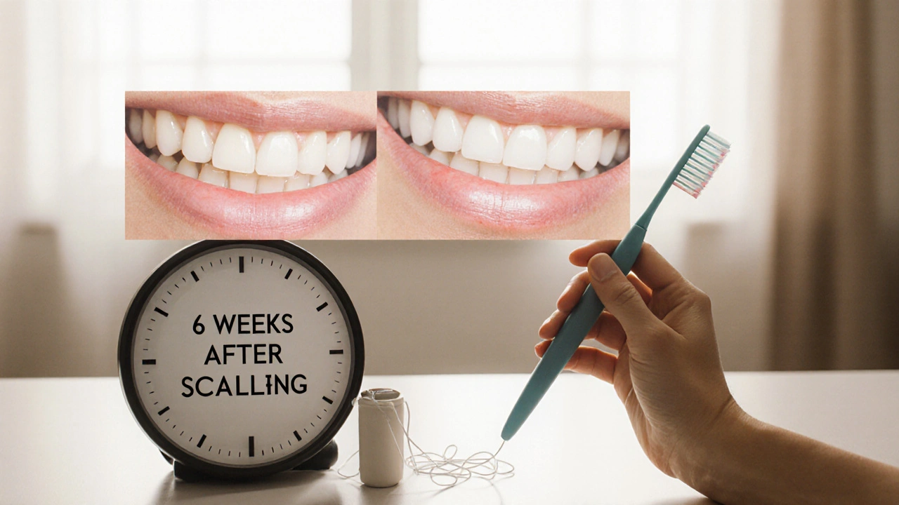 Toothbrush and floss beside a clock, symbolizing post-scaling oral care and healing.