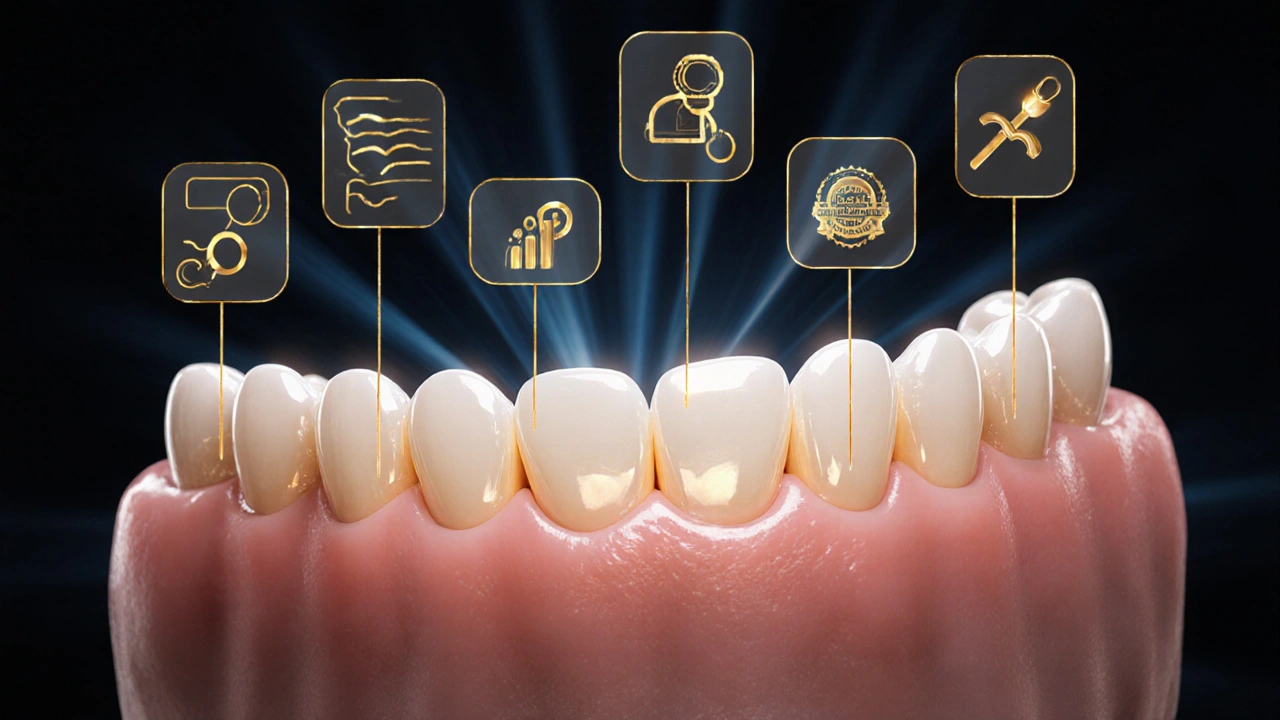 Transforming smile with floating icons representing cost factors.