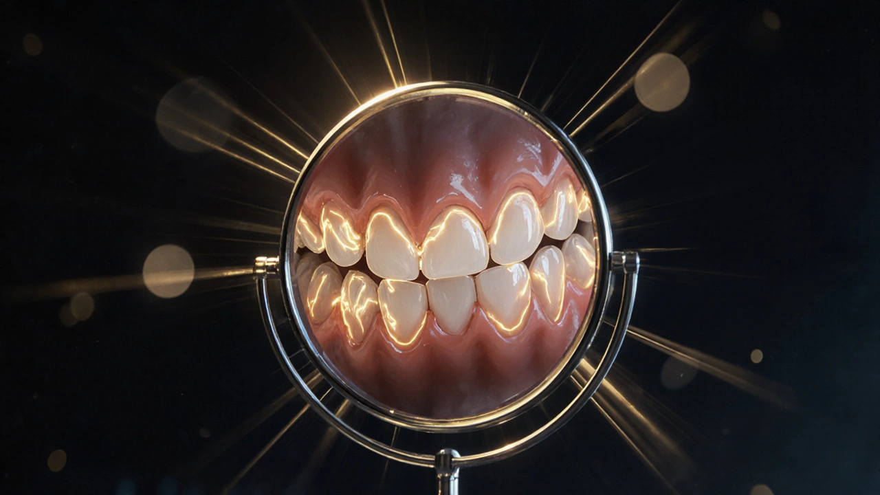 Umělecké zrcadlo odrazující skryté problémy v ústech jako zářivé obrysy.