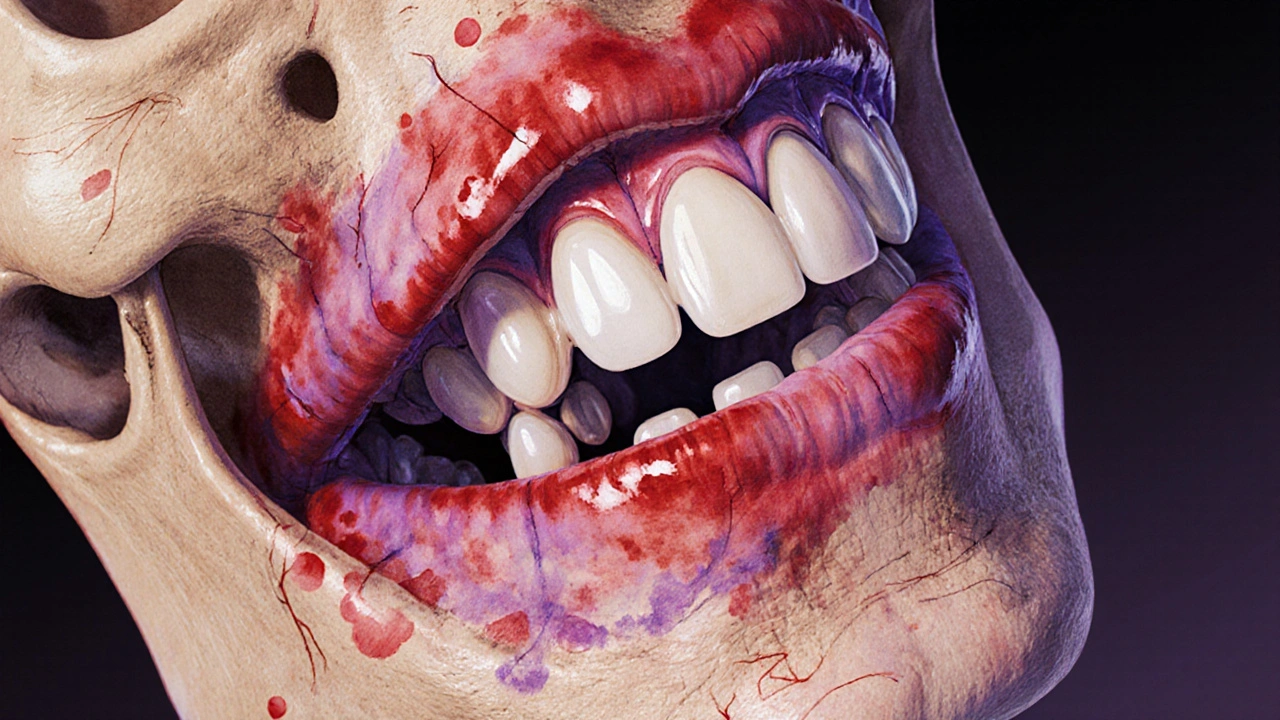 Výřez čelisti s zakonzervovanou osmičkou pod dásní, s viditelným zánětem a krvními cévami.