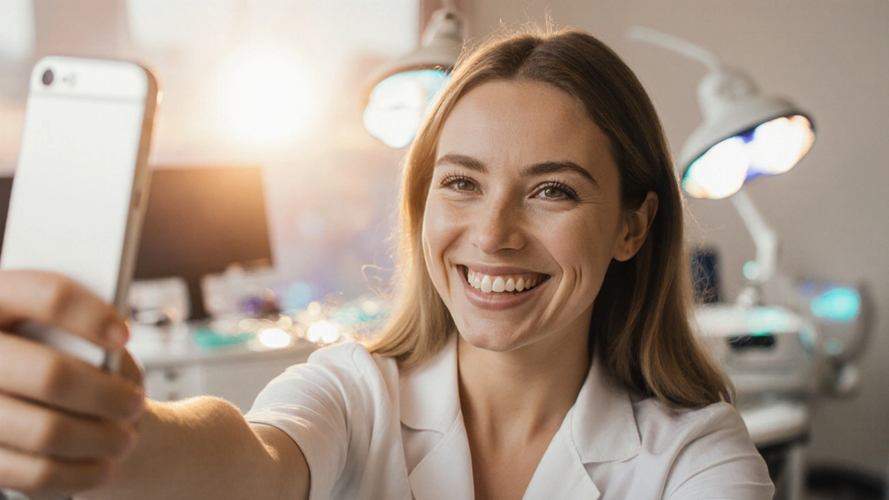 Woman smiling confidently with natural-looking composite veneers in warm daylight.