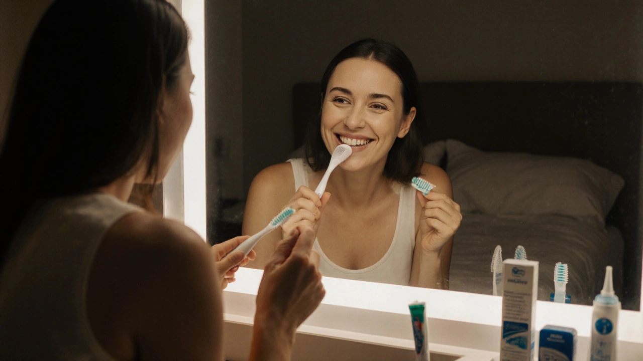 Žena používá mezizubní kartáček večer před zrcadlem.
