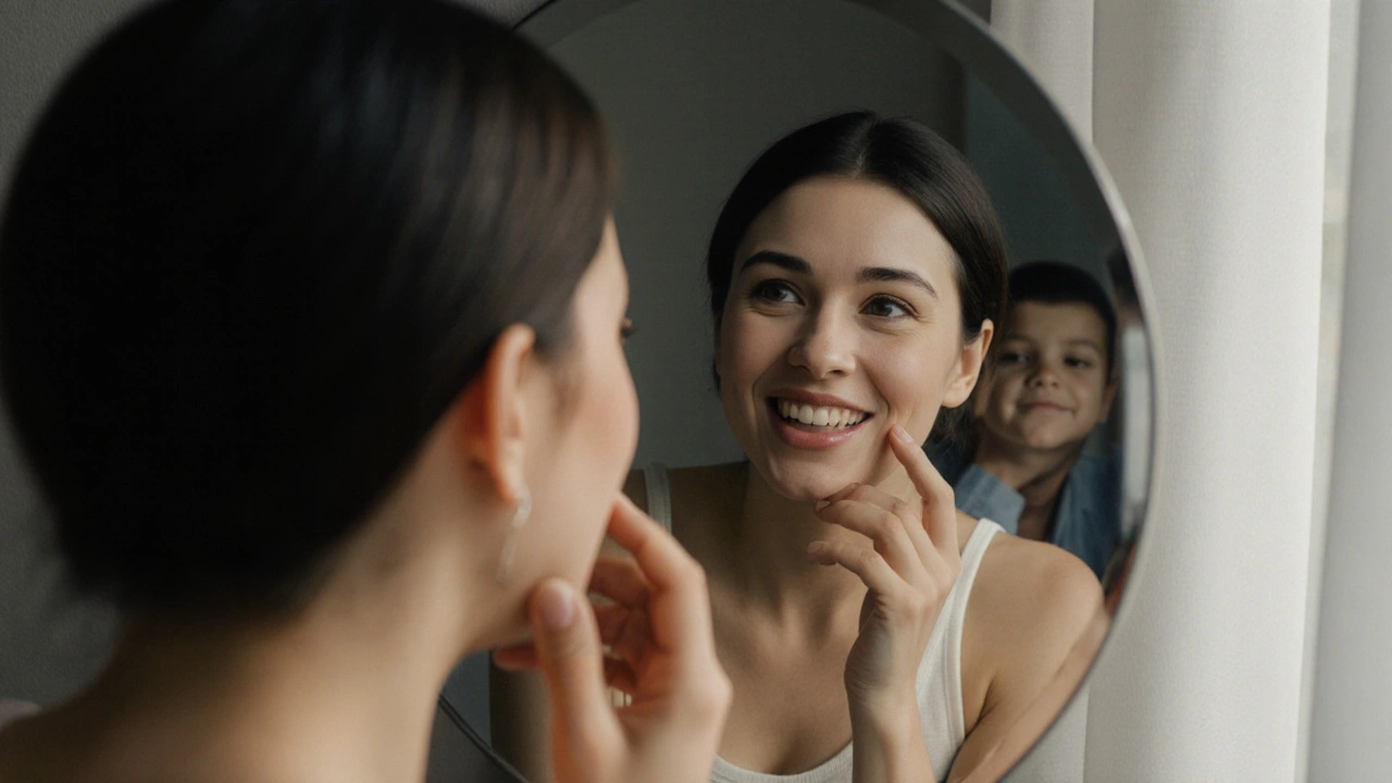 Žena se dívá do zrcadla, její nový úsměv je jasný a sebejistý, zatímco stará verze se pomalu rozplývá.