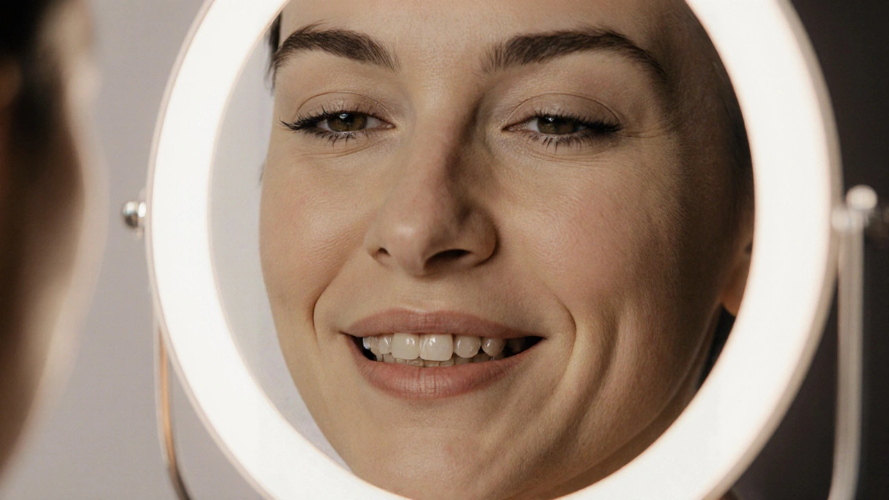 Žena se klidným výrazem a přirozeně vyváženým obličejem po léčbě rovnátky.