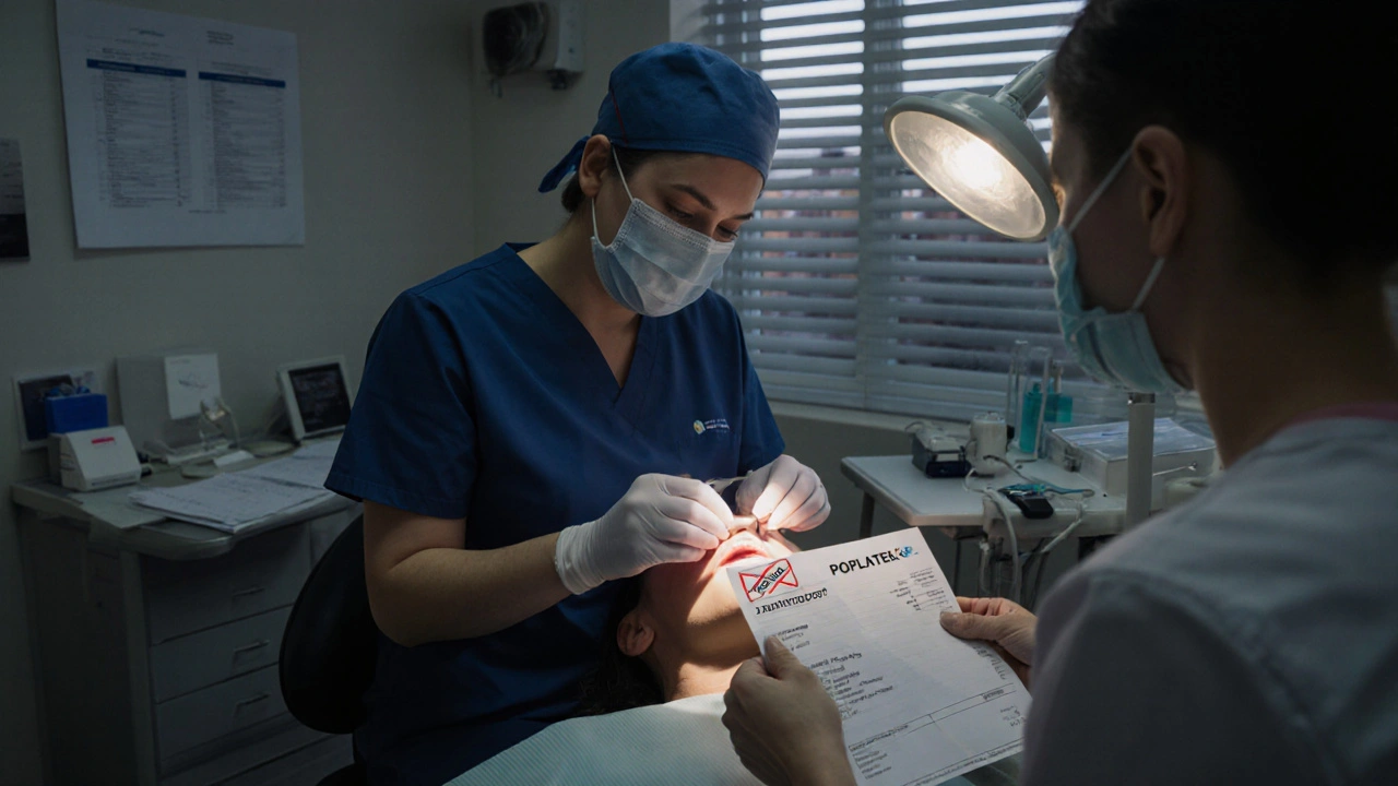 Zubní lékař vyšetřuje pacienta v noci s výpisem, na kterém je přeškrtnut poplatek.