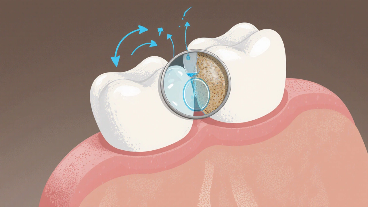Zvětšený pohled na keramickou fazetu a přirozený zub, kde bílící gel proniká jen do zubu.