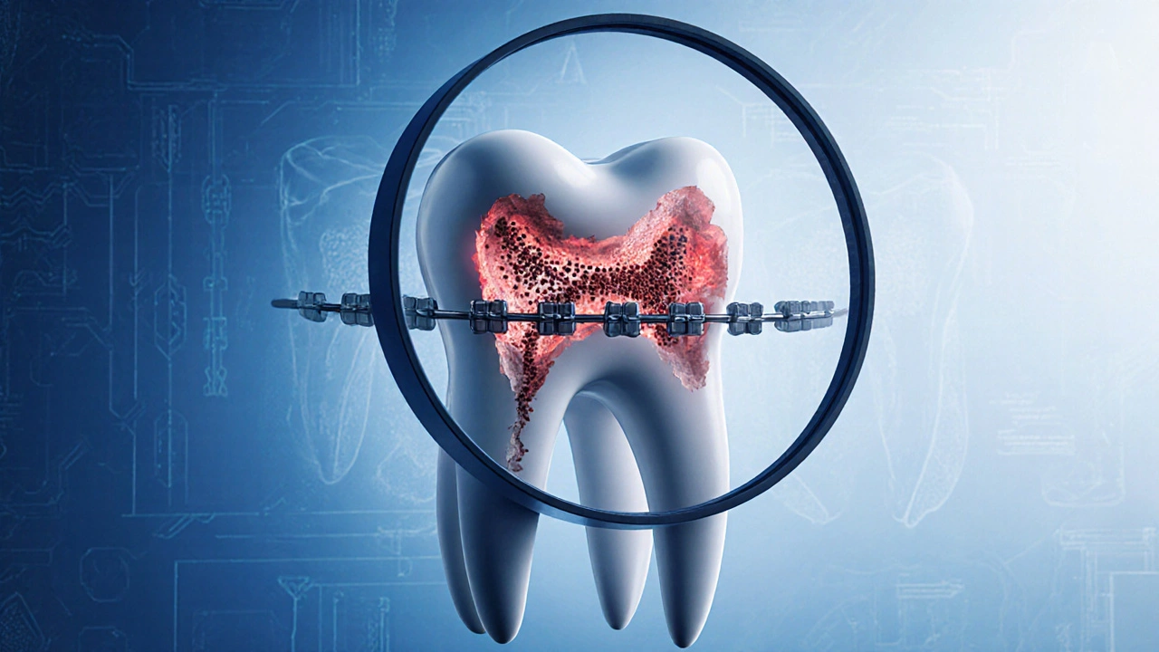 Zvětšený pohled na korozi sklovinky pod drátem