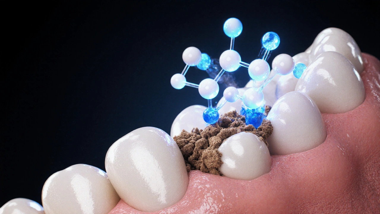 Zvětšený pohled na zubní sklovinu, kde chemické molekuly rozkládají pigmenty způsobující žloutnutí.