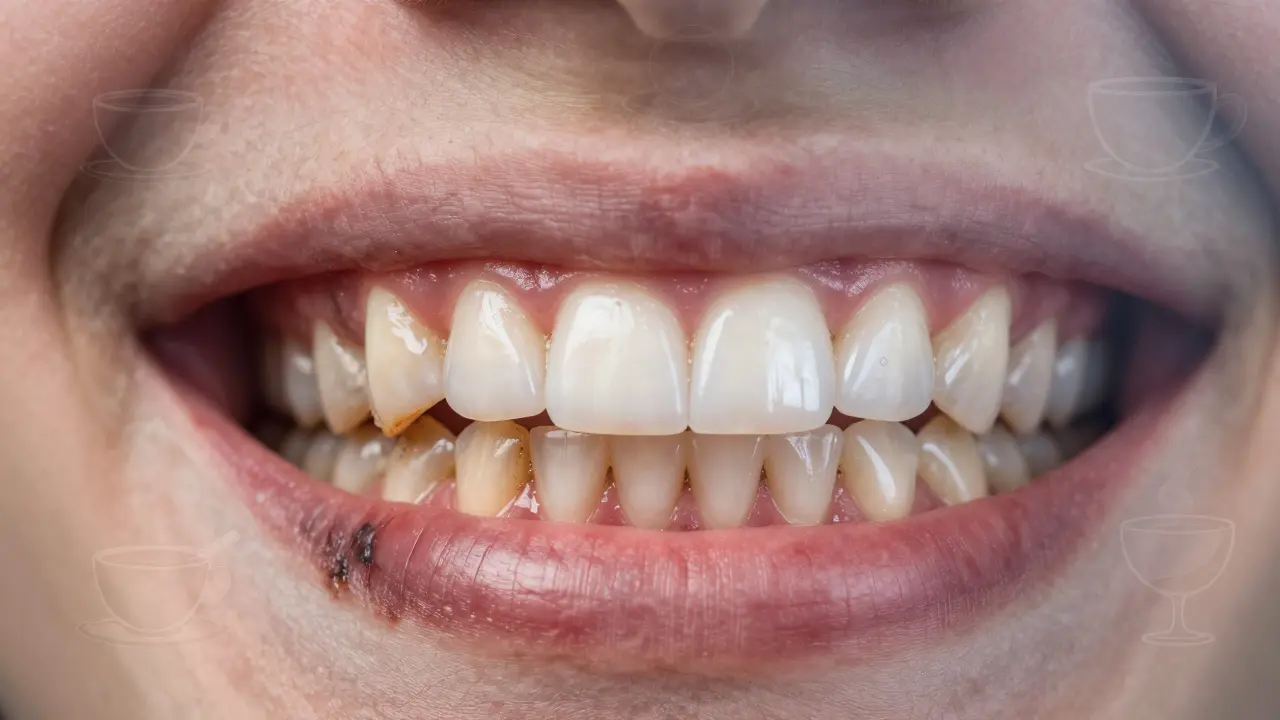 Before and after comparison of stained teeth versus clean, bright teeth after professional cleaning.