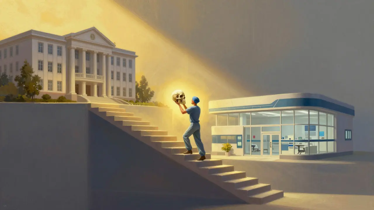 Cesta 15 let vzdělávání maxilofaciálního chirurga jako schodiště přes tři fáze vzdělávání.