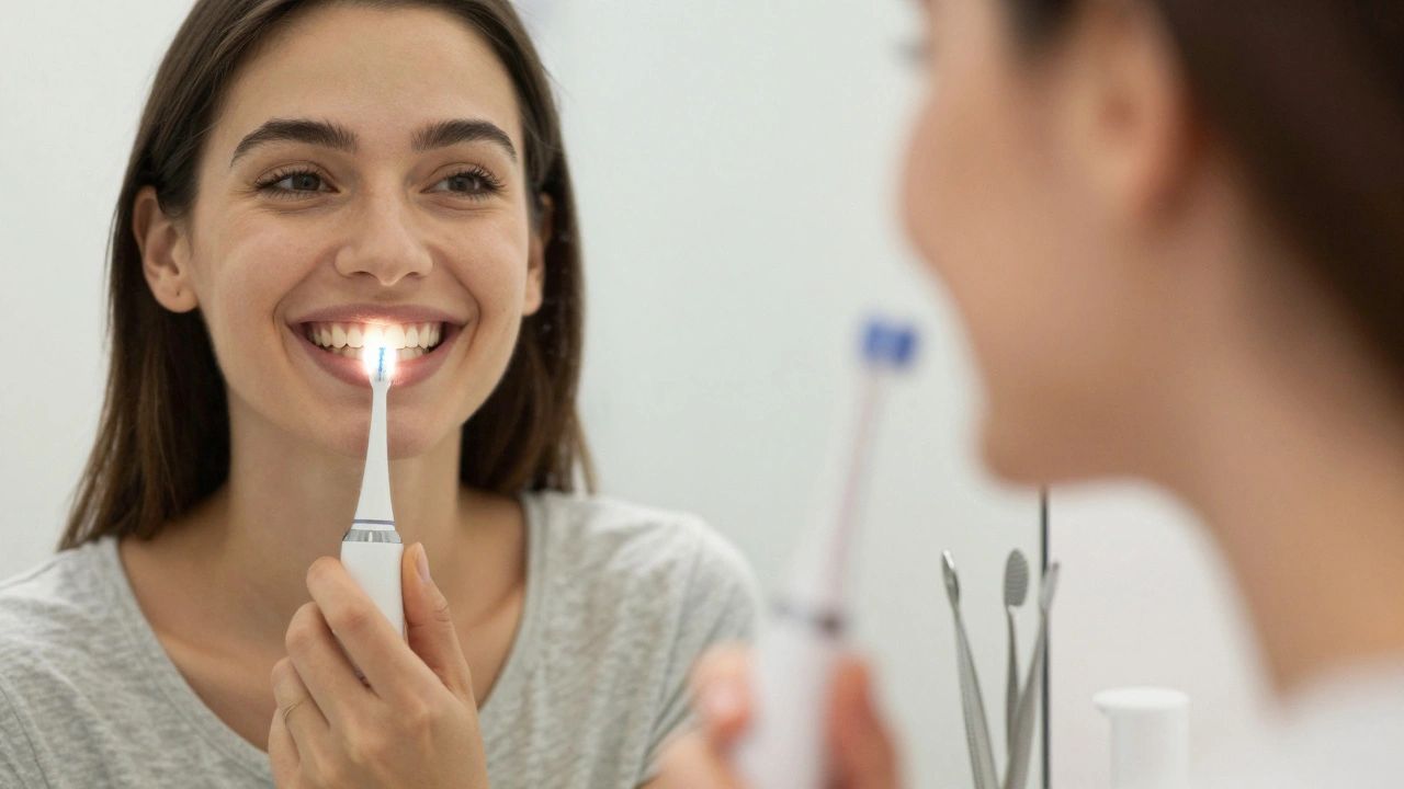Člověk se usmívá do zrcadla s jasnými zuby, v ruce drží ultrazvukový čistič, v pozadí jsou zubní potřeby.