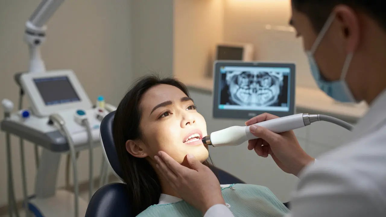 Dentista používá laserové vyšetření k detekci trhlin v kořeni