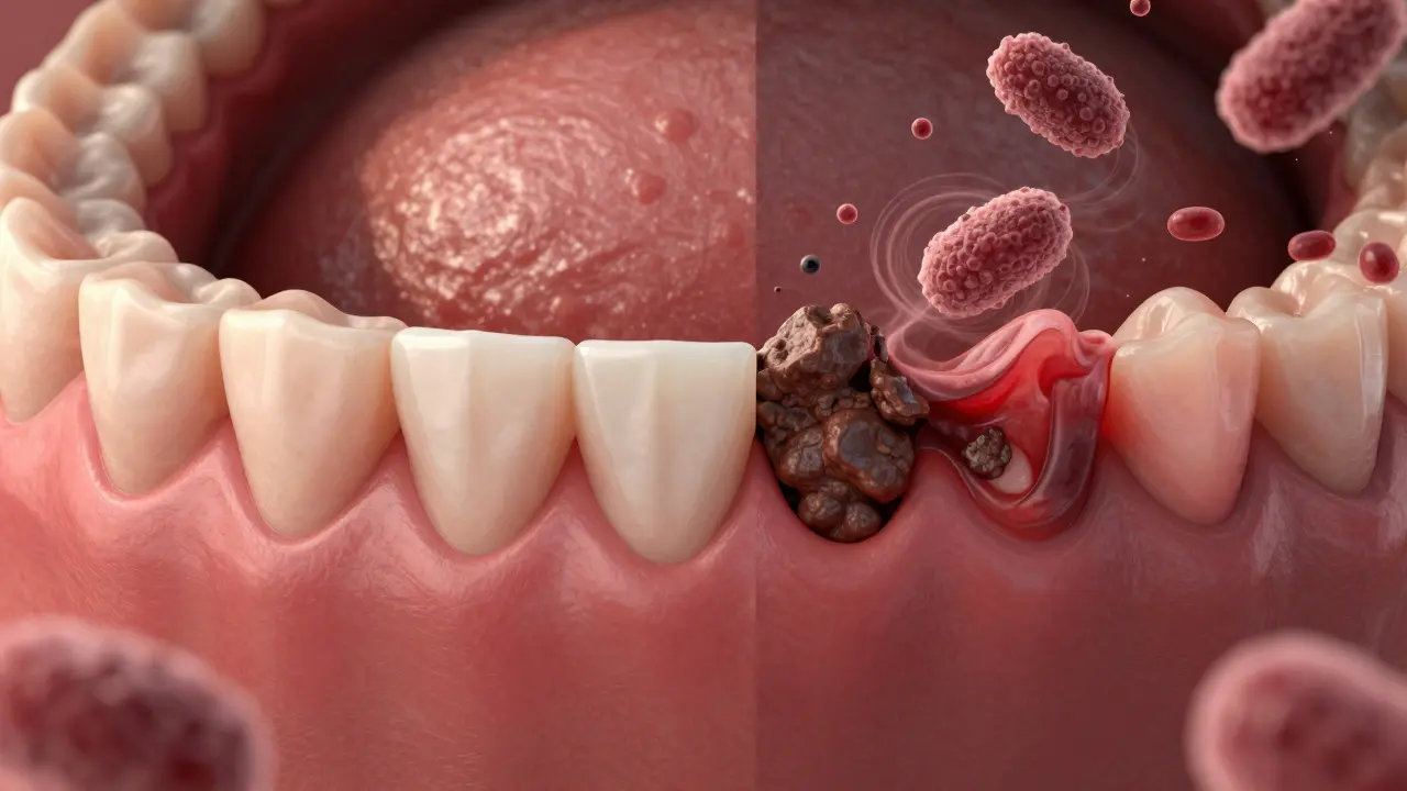 Dvě části dásně: zdravá na jedné straně, zánětlivá s kamenem na druhé, symbolizující dopady nezacházení.