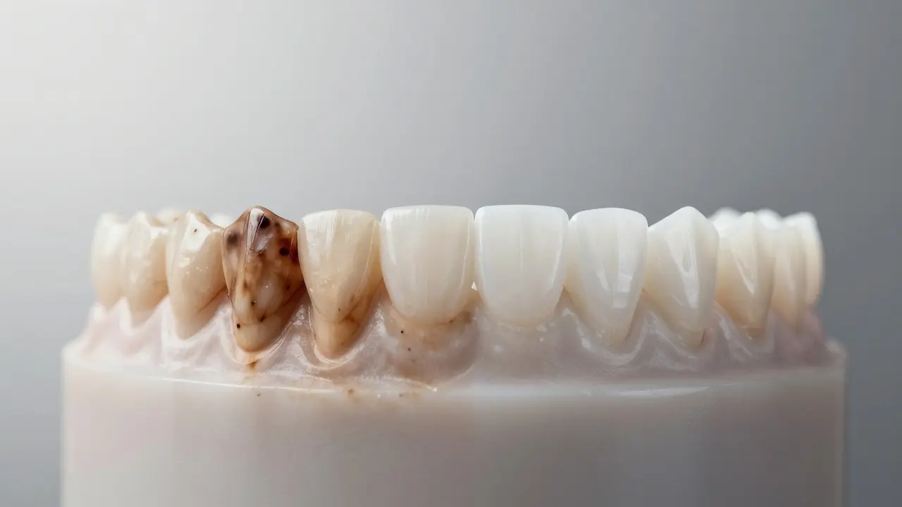 Dvě strany zubů: jedny tmavé a znečištěné, druhé jasné a bělé, kontrastní přechod bez pozadí.