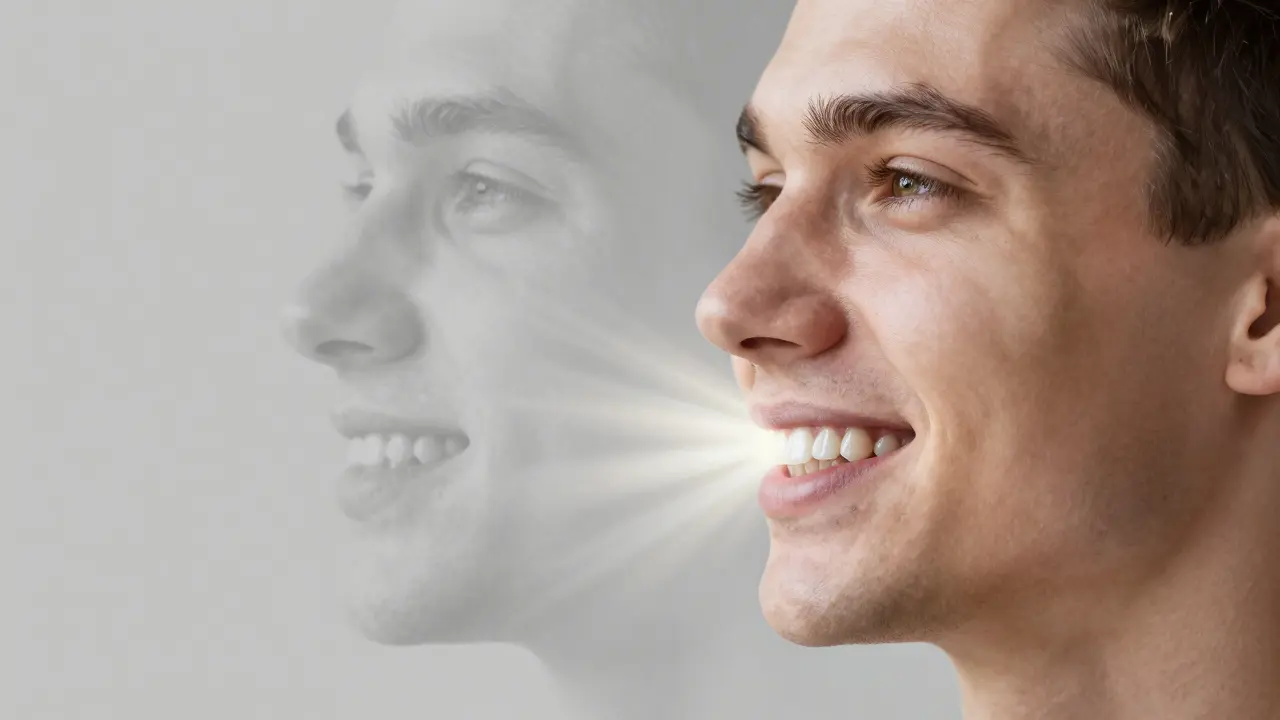 Dvoučelná tvář: jedna strana s chybějícími zuby, druhá s plnou, funkční protézou.