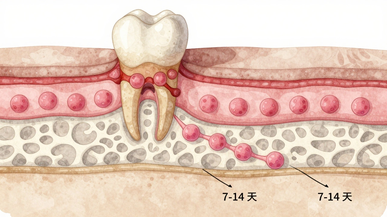 Ilustrace hojení po extrakci: krevní sraženina, nová tkáň a regenerace kosti.