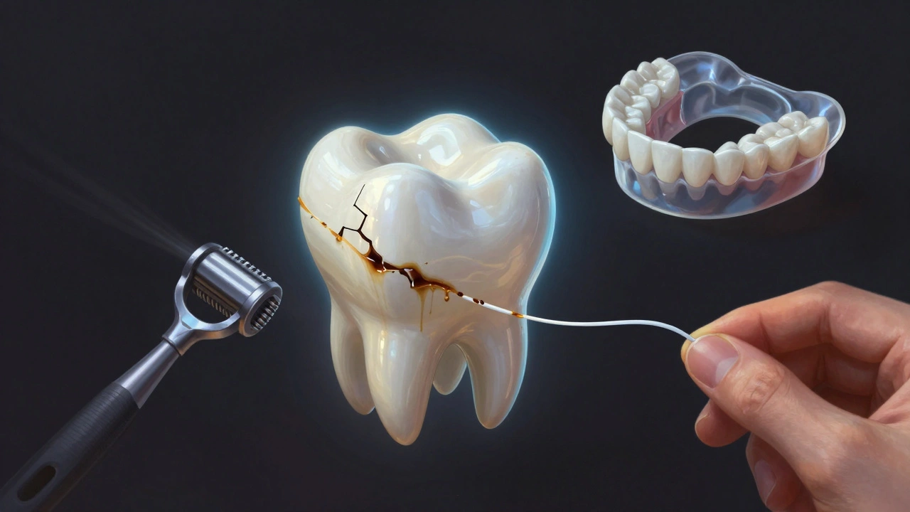 Keramická fazeta je chráněna ochrannou štětinou, zároveň ji ohrožují káva a brnění, symbolicky znázorněno.
