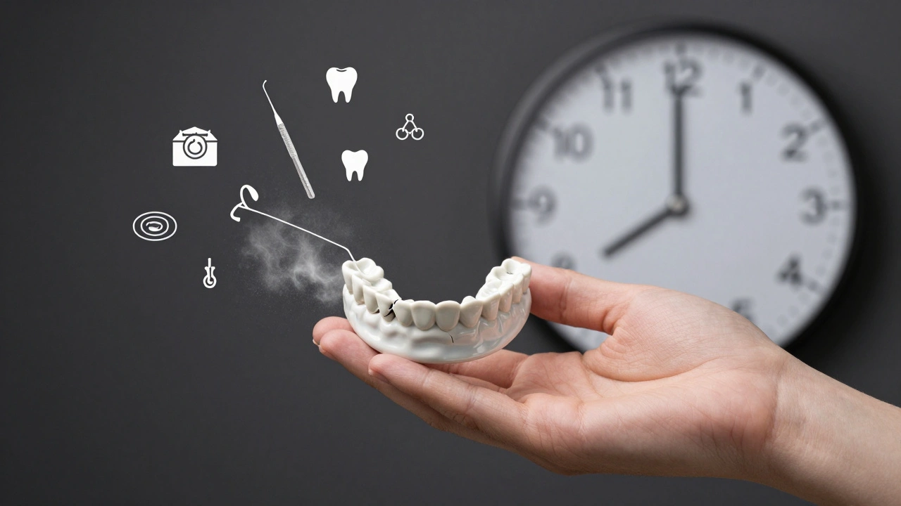 Keramická fazeta s ochrannou noční štěticí a symboly dlouhodobé péče