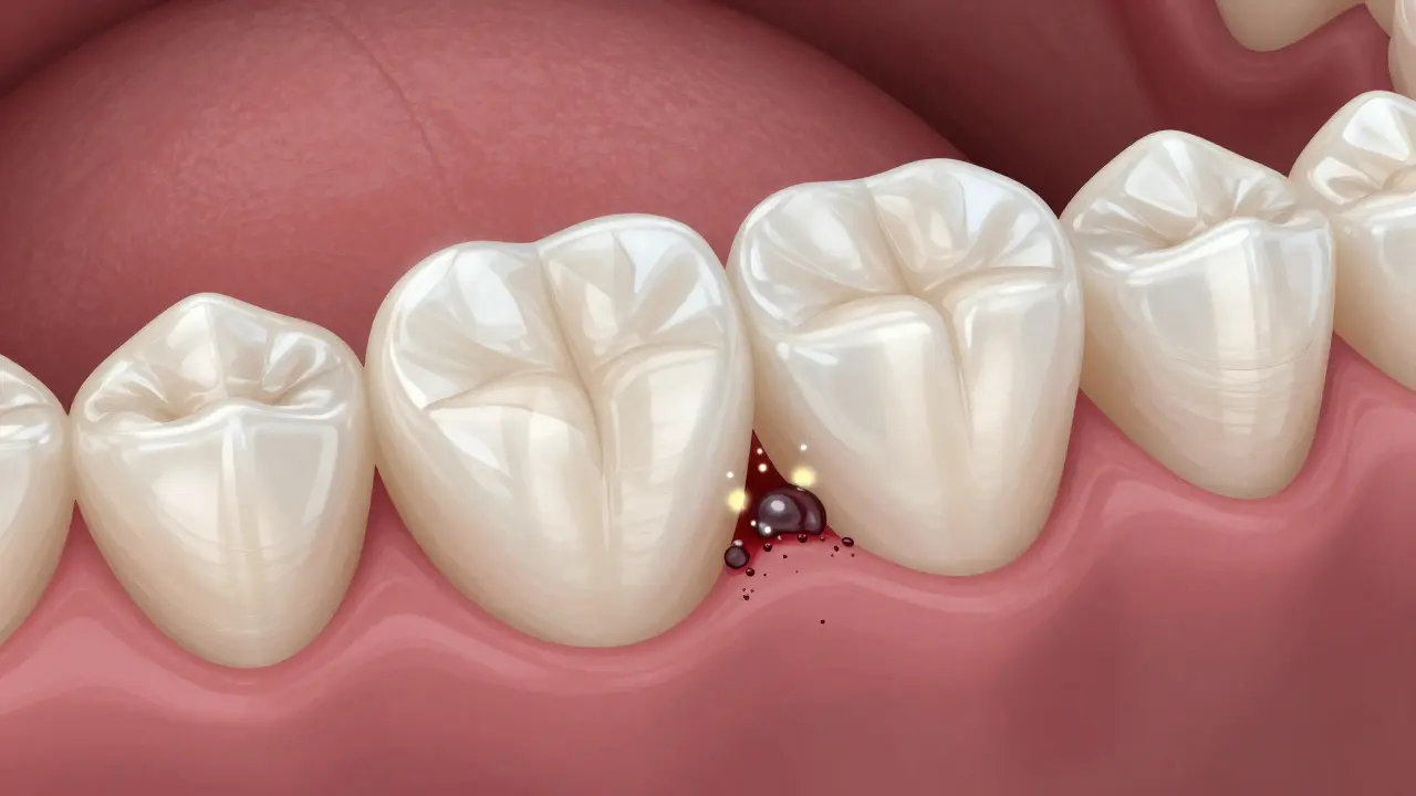 Keramická korunka s jemnou hranicí a hromaděním plaku u dásně.