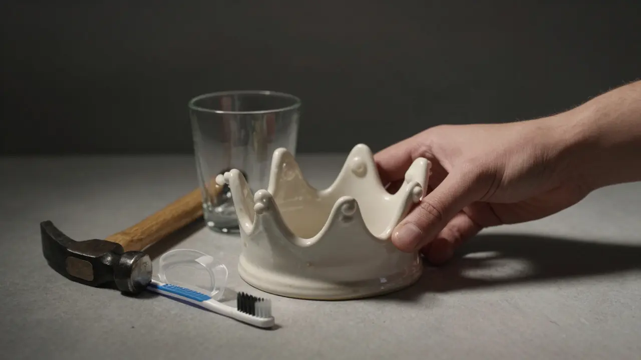 Keramická korunka vedle kladky a skleněného poháru jako symbol křehkosti.