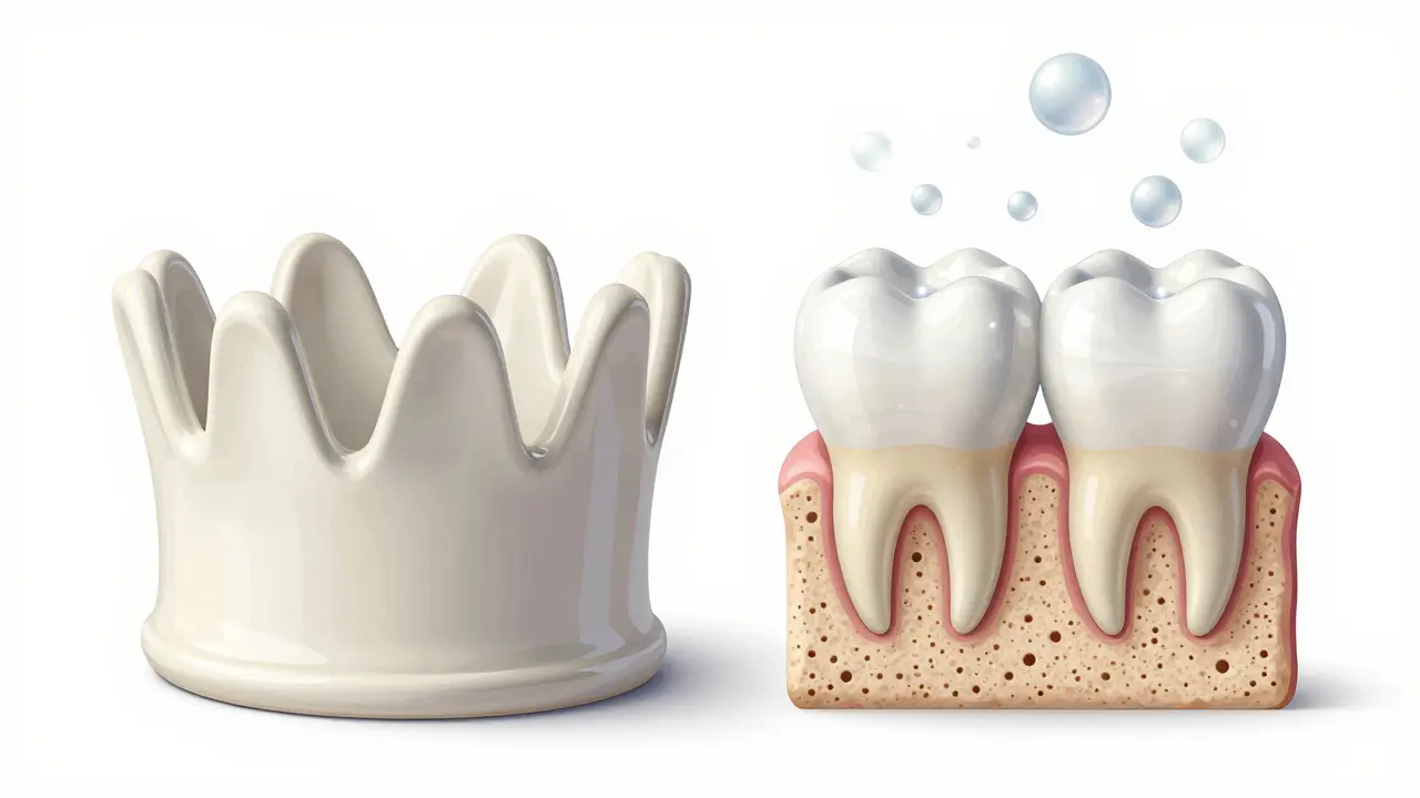 Keramická korunka vedle přirozeného zubu, který absorbuje bělící látku.
