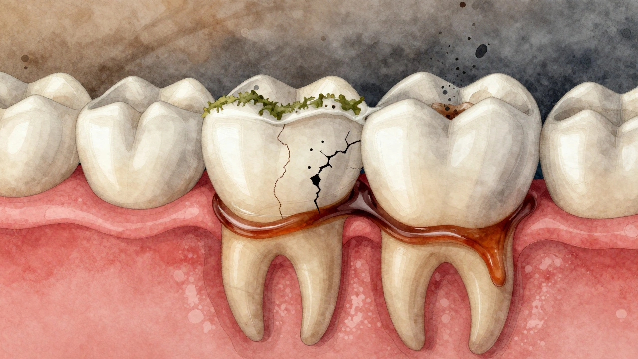 Křížový řez zubu s tmavými látkami pronikajícími do skloviny a vrstvou plaku na povrchu.