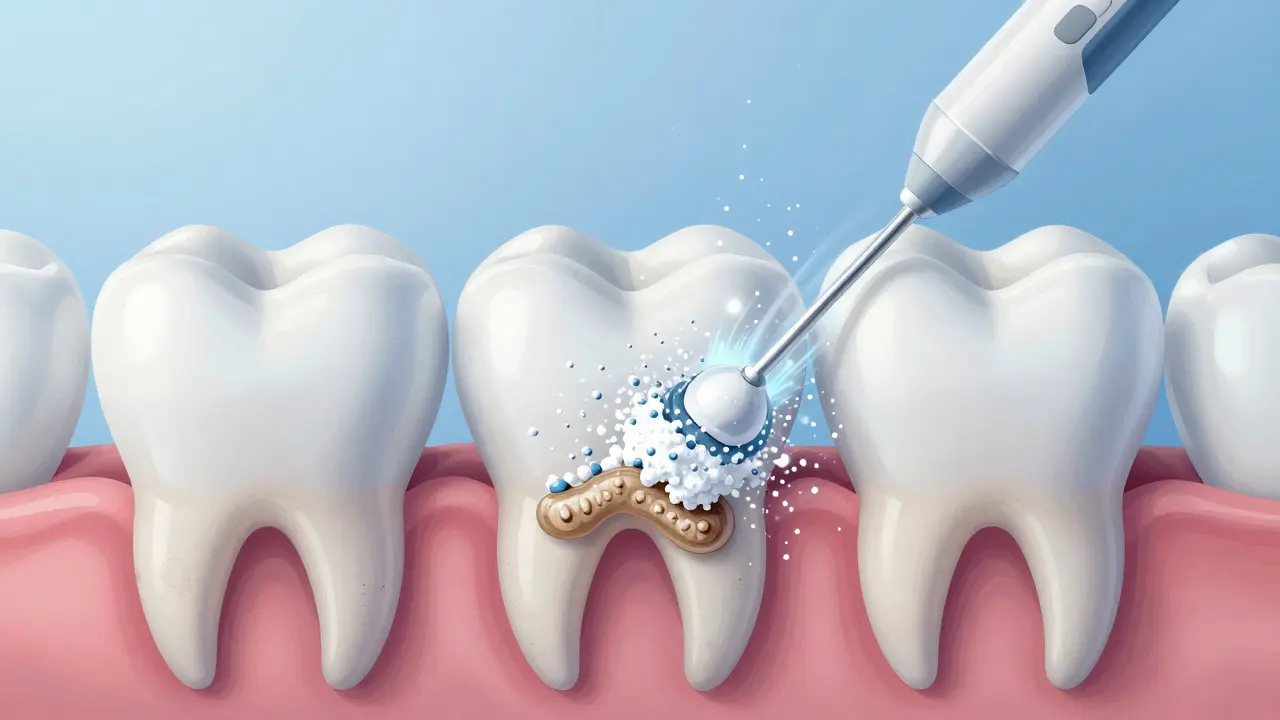 Magnified view of tooth surface being gently cleaned by air and powder particles without damaging enamel.