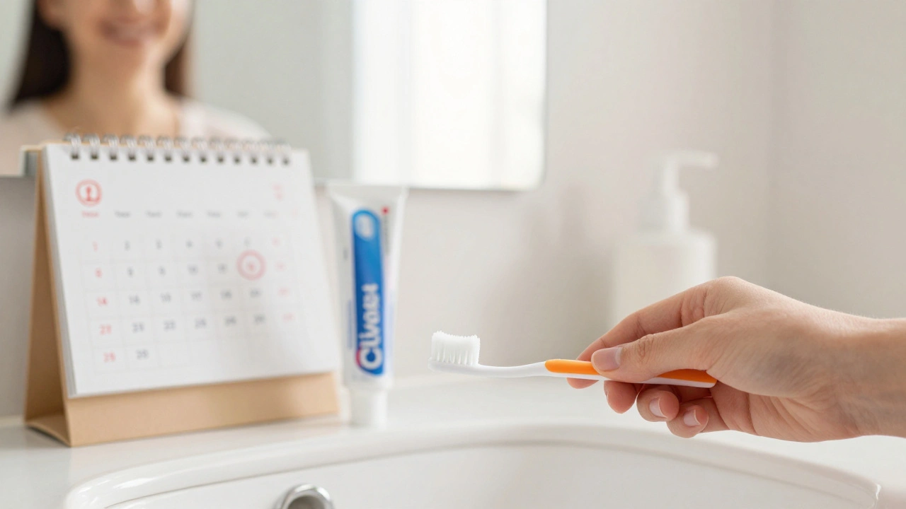 Mezizubní kartáček a zubní pasta na koupelnové konzole