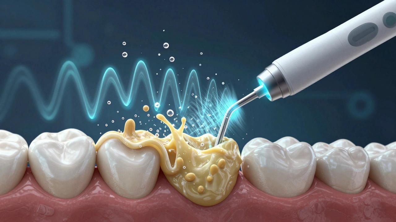 Mikroskopický pohled na zubní kámen rozpadající se pod vlivem ultrazvukových vln a vodního proudu.