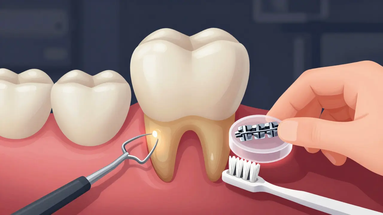 Odlepená fazeta nad zubem s plakem, ruka ji opatrně ukládá do plastového pytlíku.