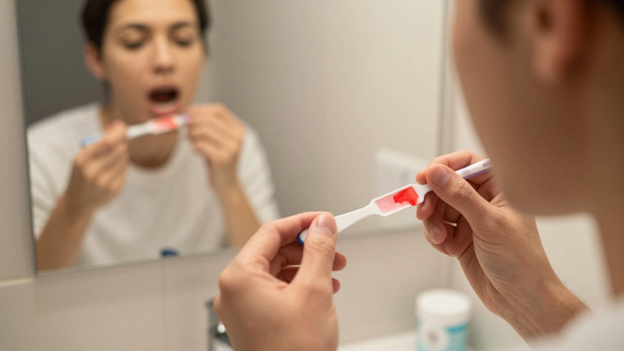 Osoba používající tablety na zbarvení zubního plaku s červenými skvrnami na zubech