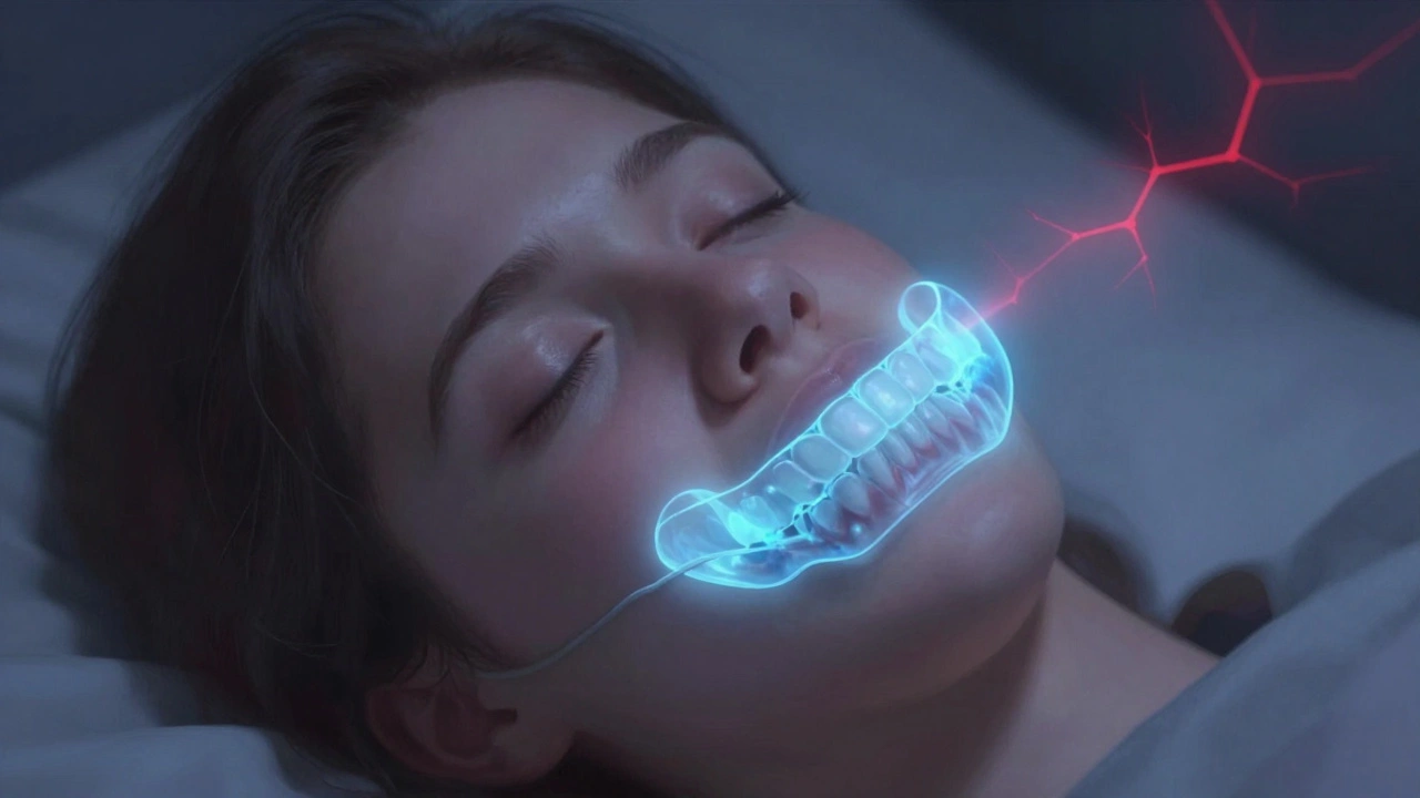 Osoba ve spánku s ochrannou nápravou, která chrání zuby před prasklinami.