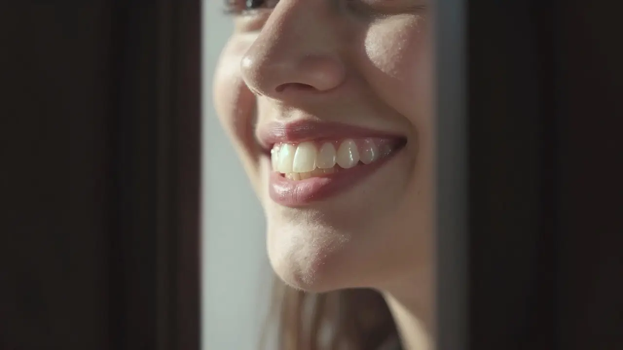 Osoba vystupuje ze stínu do světla, její úsměv září jako přirozené zuby s keramickými fazetami.