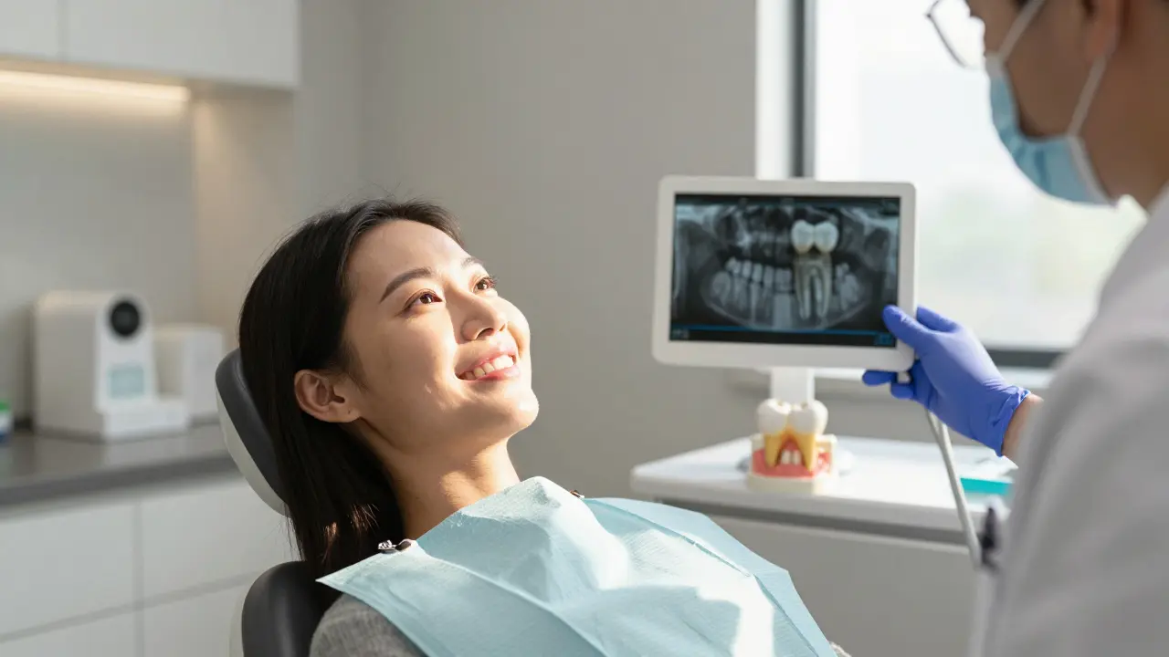 Pacient s keramickou korunkou a lékař s rentgenovým snímkem