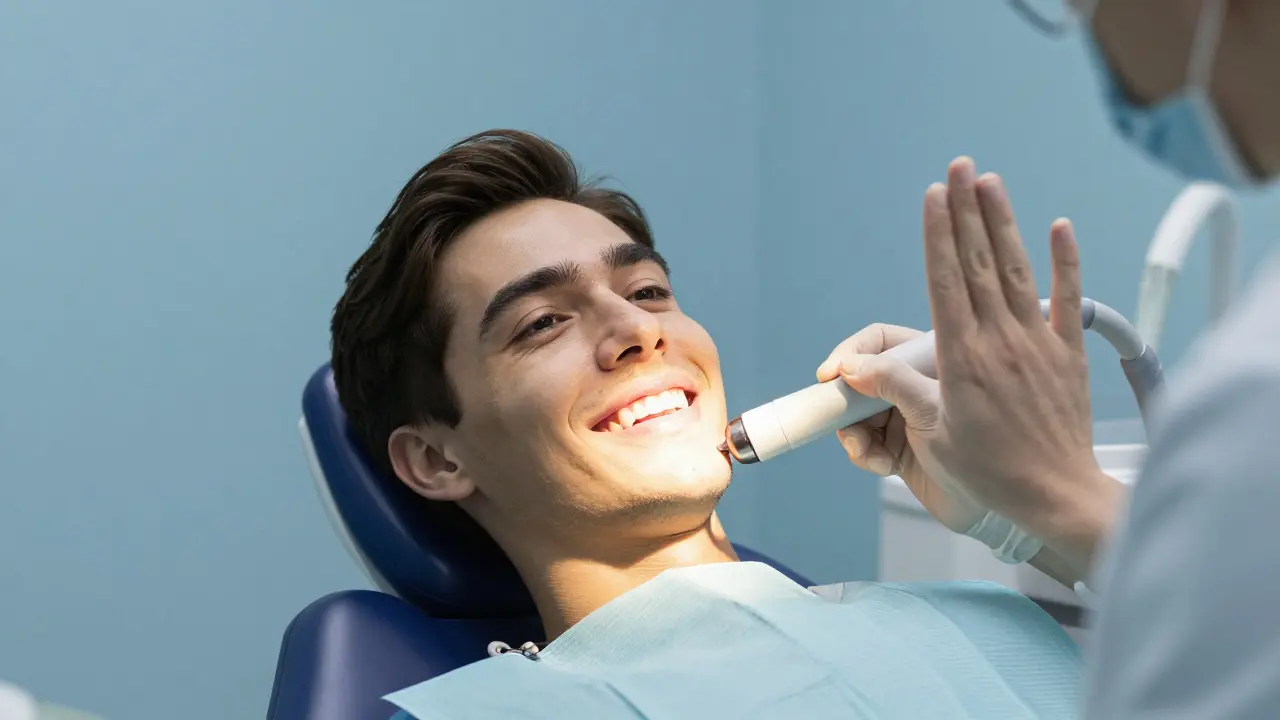 Pacient v zubní klinice klidně vyslechne lékaře s laserovým přístrojem.