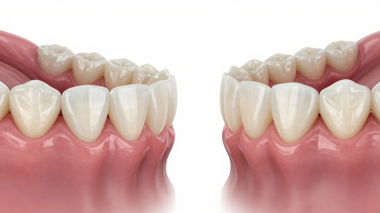Porovnání dvou typů zubních fazet: jedna s šedou čárou u dásní, druhá bez kovu a s přirozeným leskem.