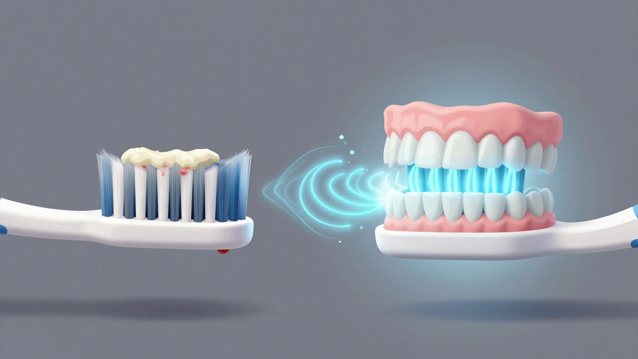 Porovnání ručního a sonického kartáčku s viditelným plakem a zdravými dásněmi.