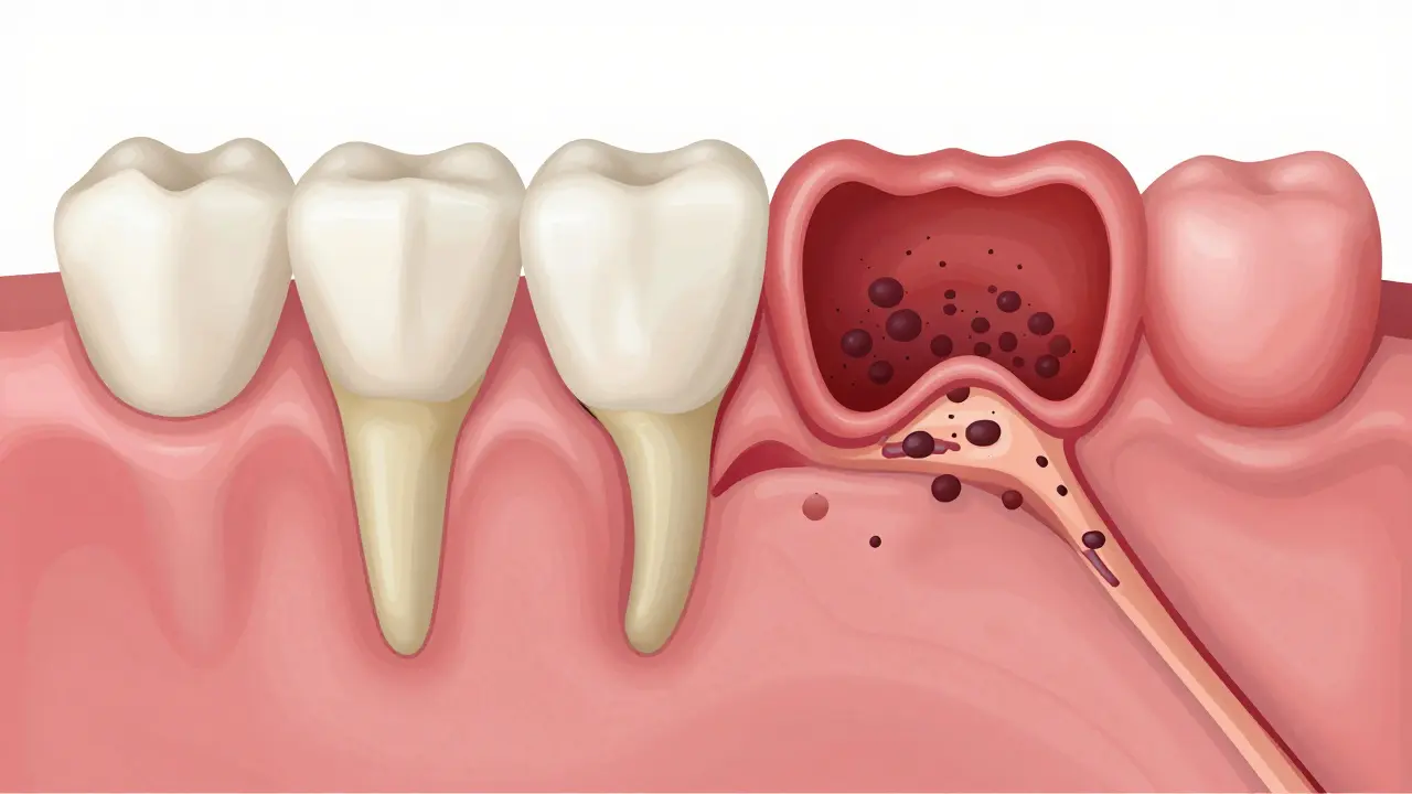 Porovnání zdravé a nemocné dásně s viditelnou ztrátou kosti.