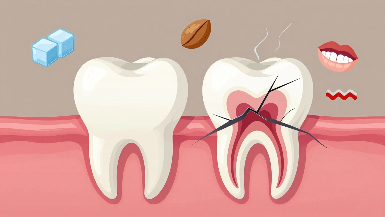 Porovnání zdravého a prasklého zubu s příčinami poškození.