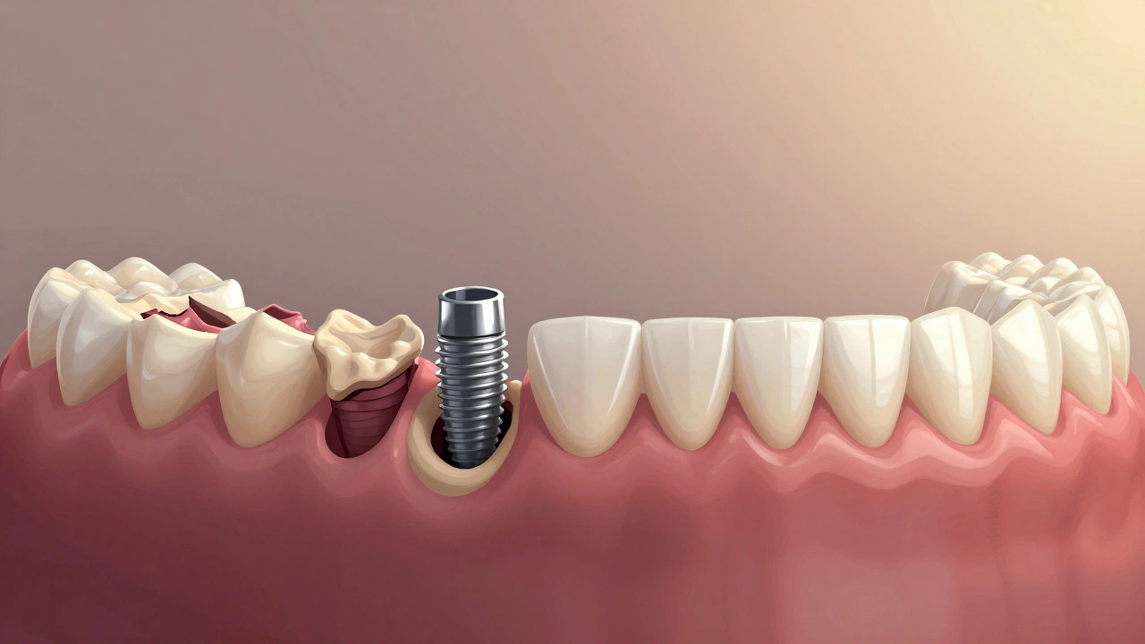 Postup rekonstrukce chrupu: poškozené zuby → implantáty → přirozené korunky.