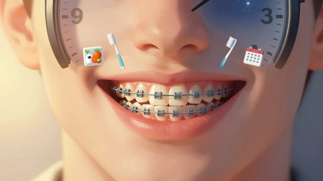 Přechod od křivých zubů s fazetami k přímým zubům s retentorem, symbolizující trvalou péči.