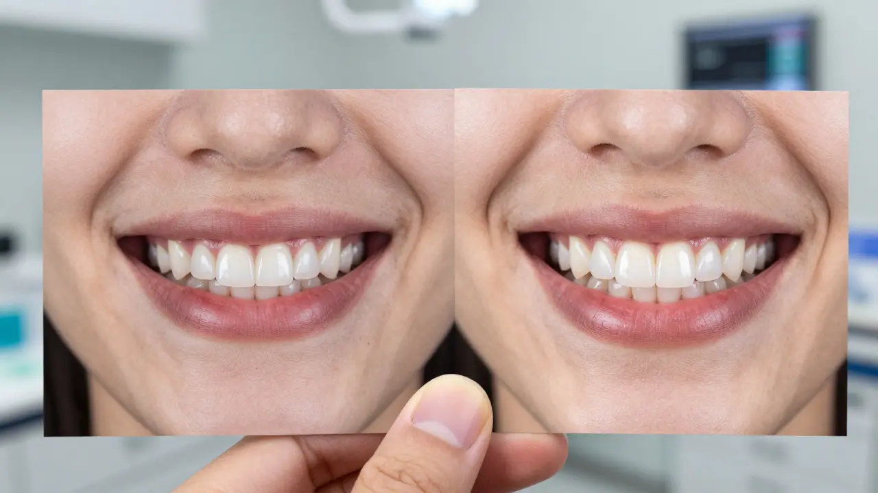 Před a po: harmonický úsměv s novou korunkou po bělení zubů.